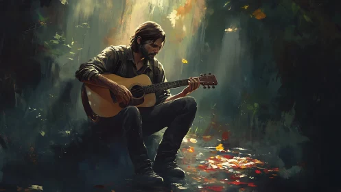 Solitary guitarist under forest light playing acoustic guitar.