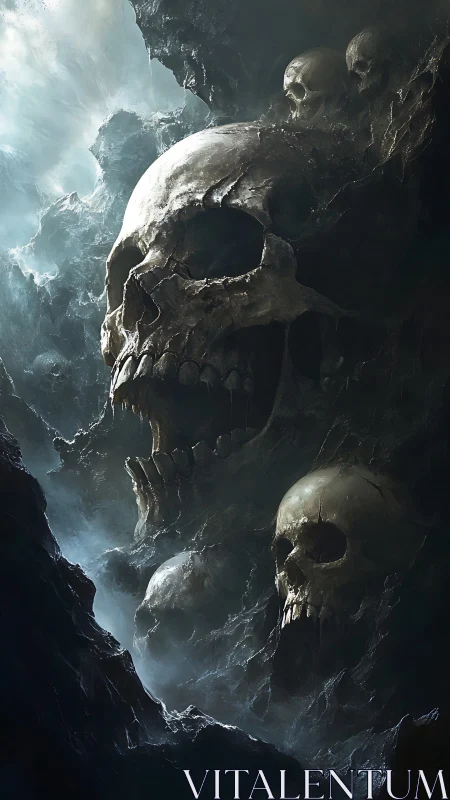 Colossal skull cavern rises from swirling spectral mist.