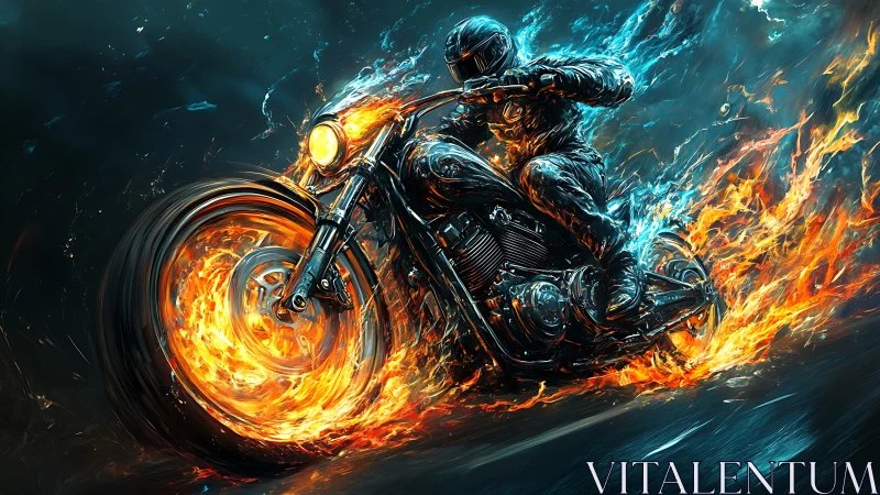 Motorcyclist rides flaming bike through dynamic firestorm