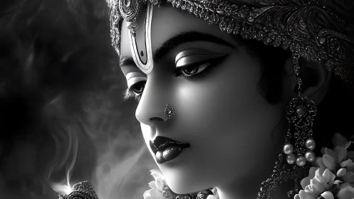Monochrome divine portrait with jeweled headdress detailing.