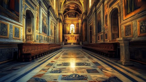 Digital painting of baroque cathedral nave with luminous altar.