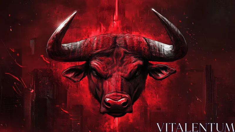 Red bull head dominates dark city skyline in stylized art