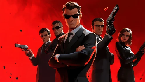 Armed suited agents stand against intense red backdrop.