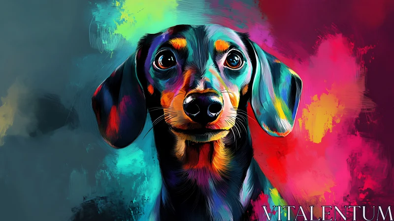Vibrant digital dachshund portrait with split‑tone abstract field.