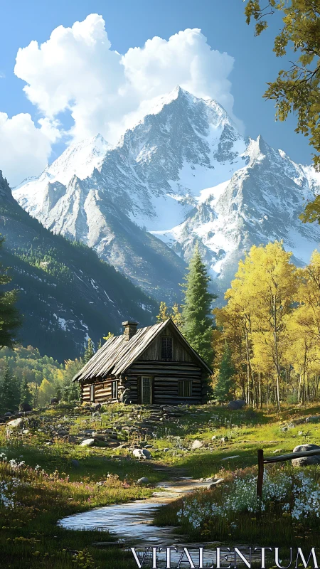 Secluded log cabin below towering snowy mountain peak.