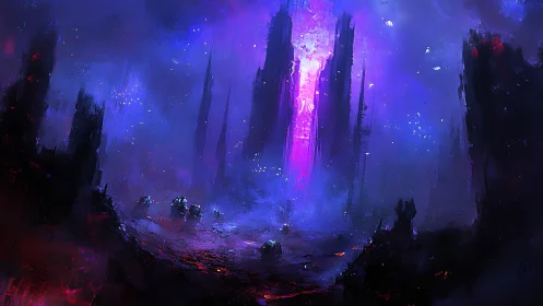 Neon Obelisk Dawn Over Ruined Alien Megacity.