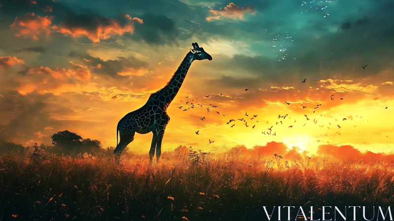 Giraffe silhouette beneath blazing savanna sunset sky.