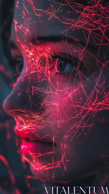 Cybernetic portrait with red neural light filaments on skin