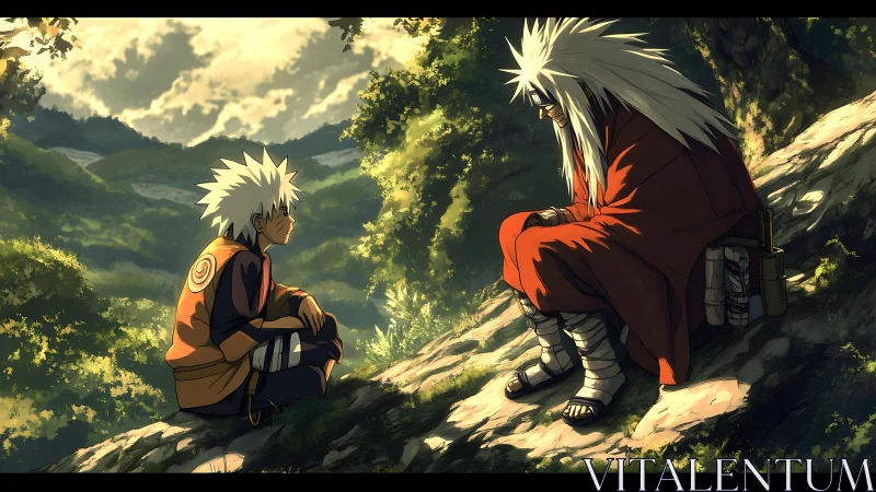 Two white-haired figures seated on sunlit forest hillside.