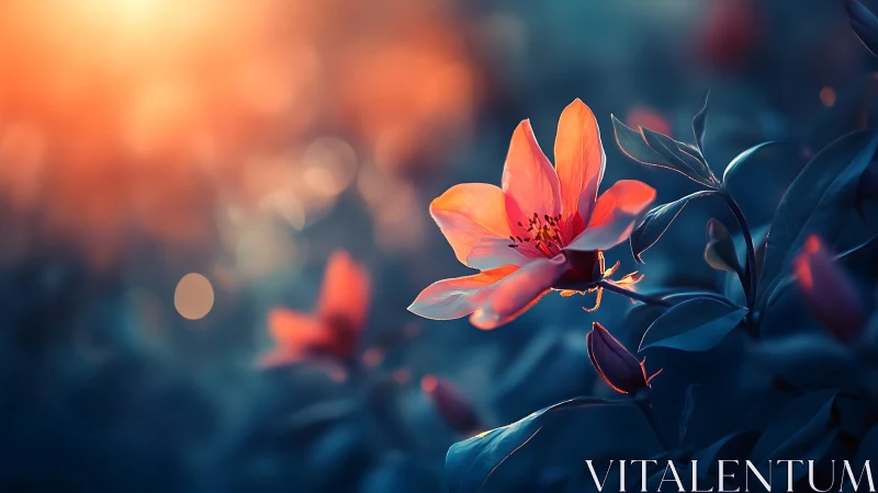 Digital painting of blooming flower with warm backlit tones