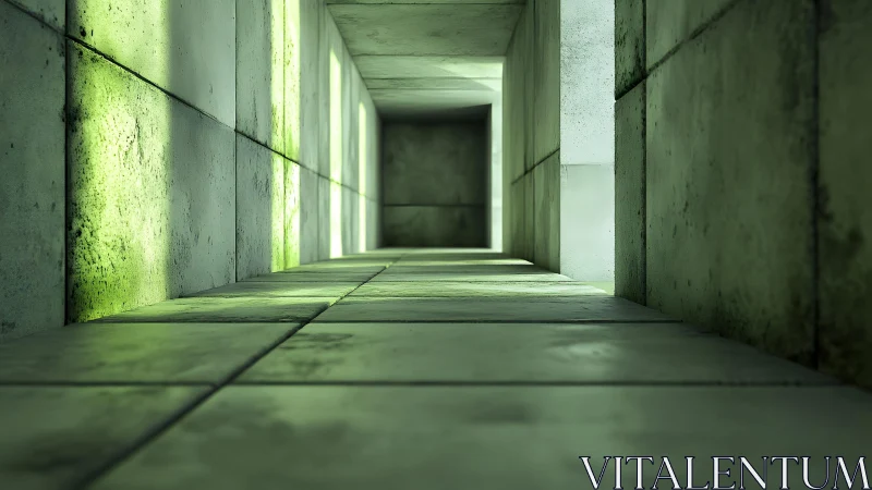 Minimalist concrete corridor with green ambient lighting, modern style.