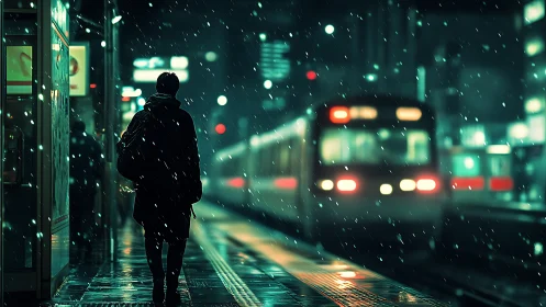 Solitary commuter waits on neon platform in winter snow