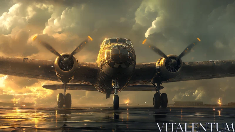 Stormlit warbird taxiing through molten twilight sky.