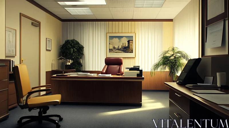 Executive corner office with leather chair and warm backlighting