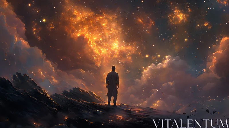Lone wanderer gazes blazing cosmic sky over dark cliffs.