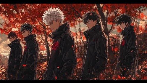 Anime boys in dark uniforms under burning red forest canopy.