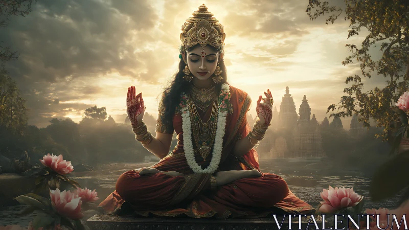 Hindu goddess in meditation before temple at sunset scene.