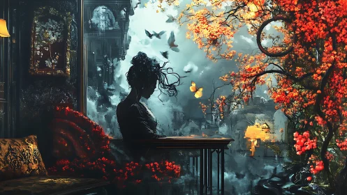 Silhouetted figure at liminal window amid digital autumn bloom.