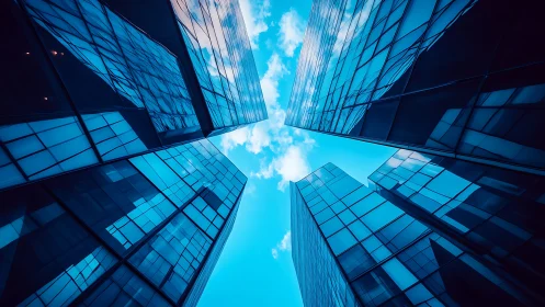 Glass curtain wall highrises in converging wide angle view