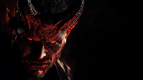 Demonic horned figure stares forward under hard red lighting