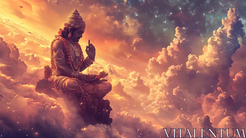 Celestial deity meditating above nebula-kissed sunset clouds.