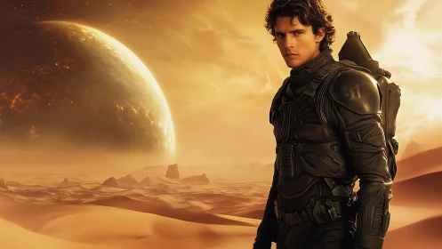 Photorealistic sci-fi warrior in armored suit on desert world.
