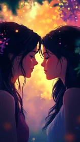 Two Figures Meet in Glowing Twilight Embrace