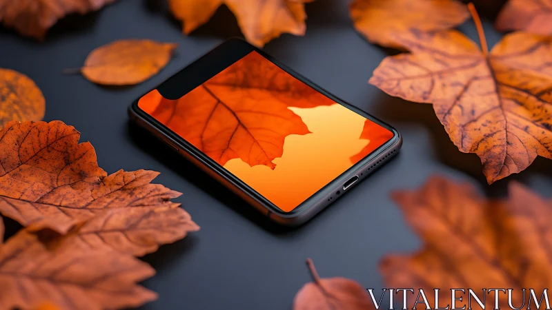 Cozy autumn smartphone scene with warm glowing leaf reflection.