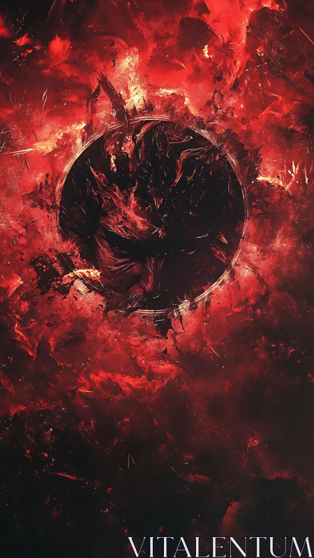 Red circular void with abstract dark core in fiery field.