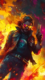 Cyber-noir gunfighter strides through inferno in vivid digital painting
