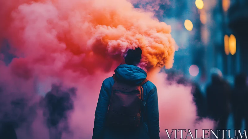 Solitary figure walks through dense neon pink smoke cloud