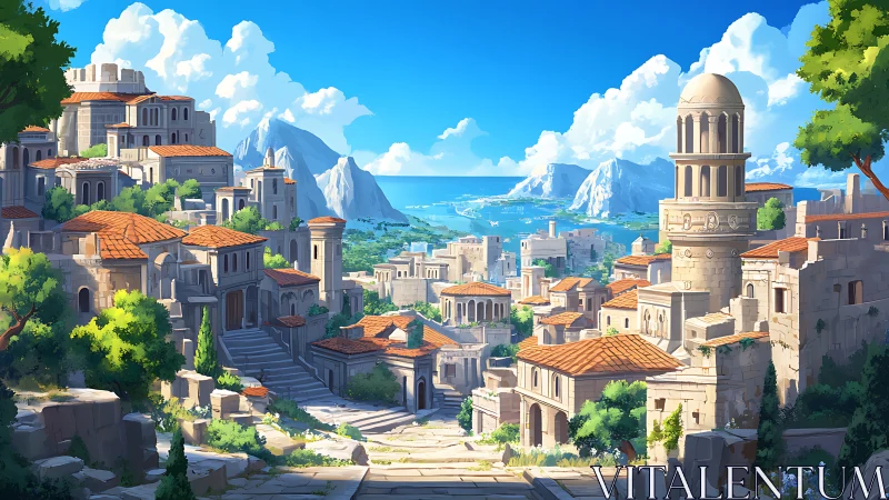 Sunlit stone terraces drift toward a glittering azure bay