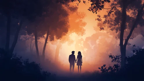 Silhouetted couple standing in misty forest clearing with golden atmospheric lighting