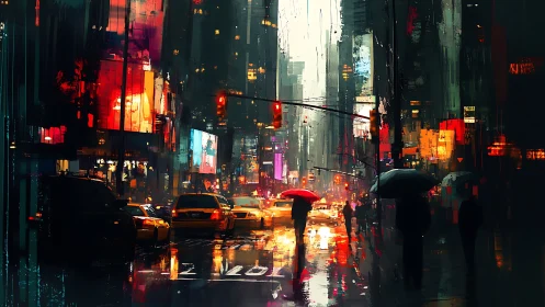 Rain-soaked neon city street reflects blazing urban lights.