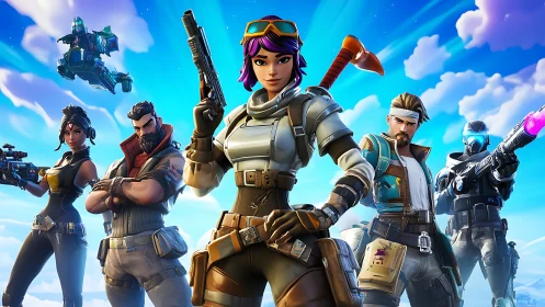 Colorful squad of stylized heroes in dynamic battle pose.