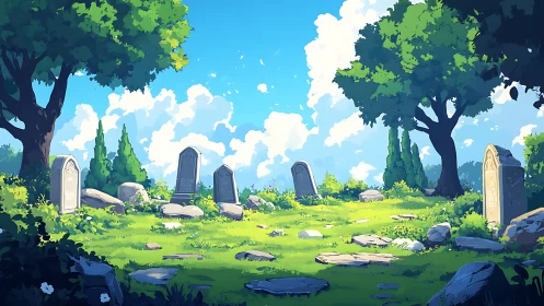 Sunlit graveyard glade where quiet memory hums softly.