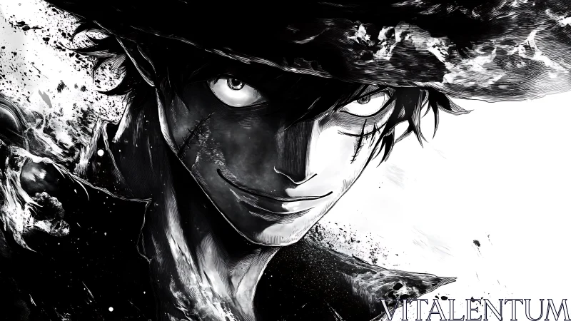 Monochrome close-up of grinning anime figure in hat.