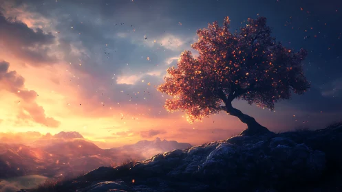 Lone glowing tree crowns twilight mountain ridge at sunset.