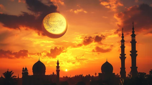 Golden crescent moon over mosque skyline at sunset glow.