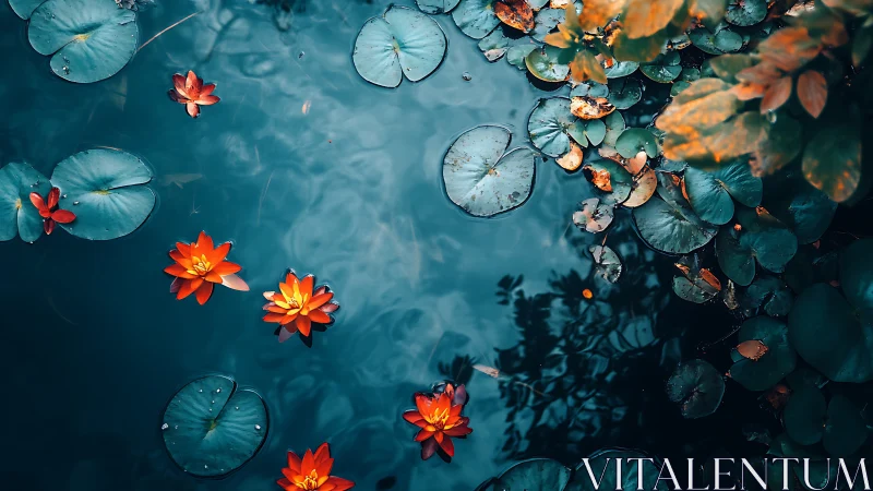 Crimson Petals Float Through Teal Stillness.