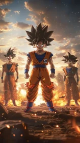 Triple warrior lineup under blazing sunset sky in ruins