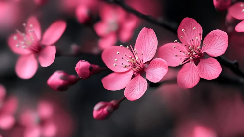 Pink Blossoms Against Dark Background.
