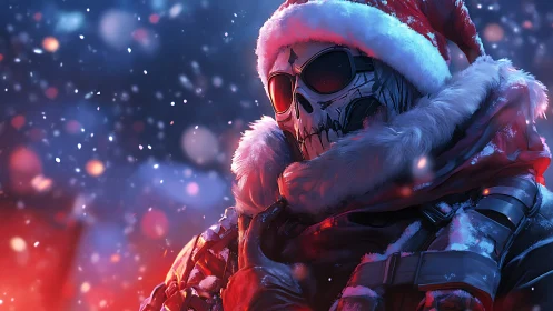 Frostbitten Santa skull warrior stalks a neon winter night.