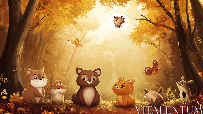 Woodland Creatures Gathering in Golden Autumn Forest Clearing