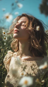 Photorealistic vertical portrait in sunlit wildflower meadow.