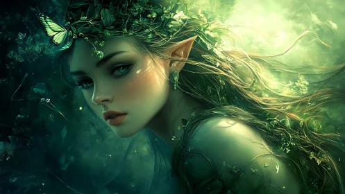 Emerald forest elf portrait with bioluminescent foliage glow