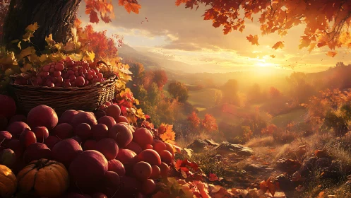 Golden autumn harvest glows beside a radiant countryside sunset.