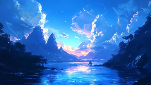 Vivid blue fantasy seascape with sharp mountain peaks.