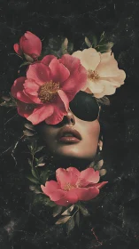 Surreal floral portrait with embedded face and dark ground.