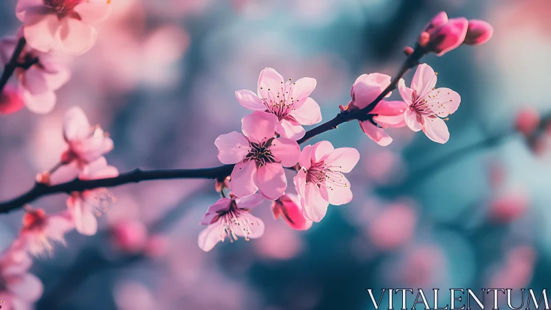 Pink cherry blossoms on branch with selective focus photography.